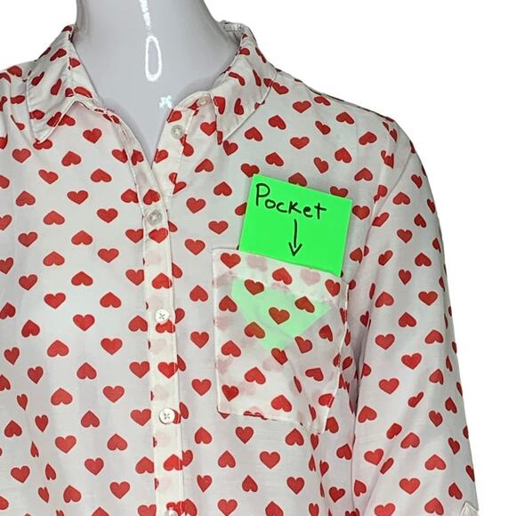 FB Sister Shirt Heart Print Button Down Long Sleeve Toll-tab Size XS - Picture 4 of 12